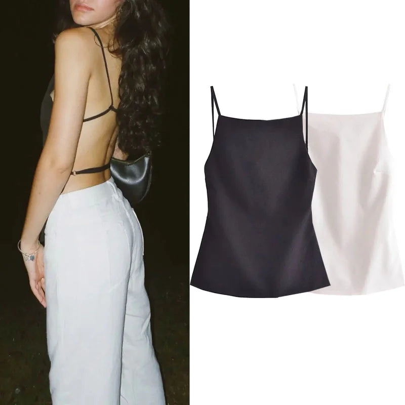 Black/White Backless Top, Sleeveless Crop Top With Straps, Women's Evening Top