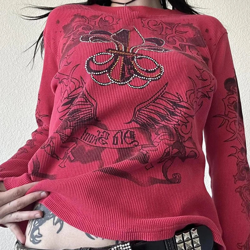 Y2K Grunge Cyber Mall Goth Thermal T-shirt, Skulls Graphic Print Long Sleeve Pullovers, Tops, Women 90s Vintage Aesthetic Tees