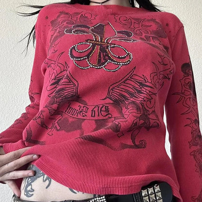 Y2K Grunge Cyber Mall Goth Thermal T-shirt, Skulls Graphic Print Long Sleeve Pullovers, Tops, Women 90s Vintage Aesthetic Tees