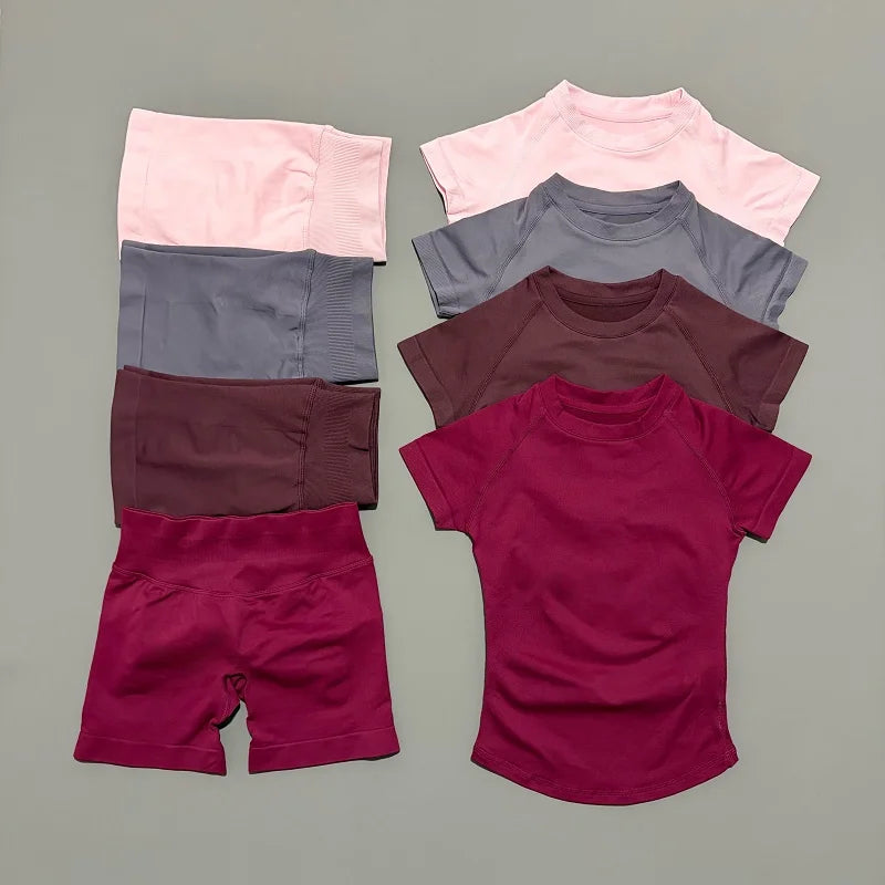 2 Pieces Impact Sports Sets, Short Sleeve Seamless Yoga Top, Fitness Set, Women Workout Running Sports Shorts Gym Suit