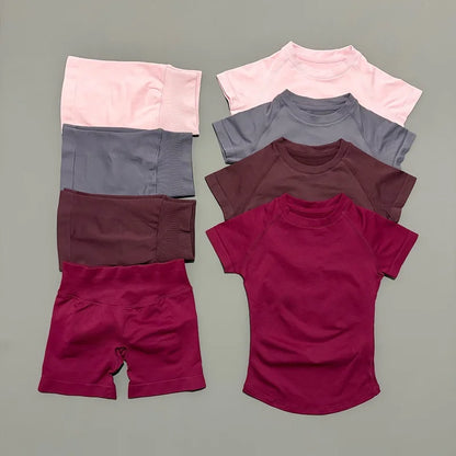 2 Pieces Impact Sports Sets, Short Sleeve Seamless Yoga Top, Fitness Set, Women Workout Running Sports Shorts Gym Suit