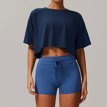 Cotton Women Short Sleeve, Yoga Fitness Crop Top, Sport T-shirt, Loose Gym Workout Shirts