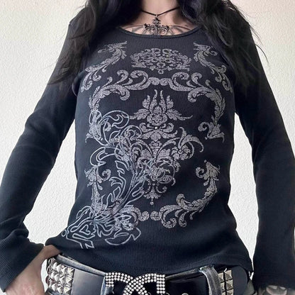 Y2K Grunge Cyber Mall Goth Thermal T-shirt, Skulls Graphic Print Long Sleeve Pullovers, Tops, Women 90s Vintage Aesthetic Tees