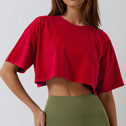 Cotton Women Short Sleeve, Yoga Fitness Crop Top, Sport T-shirt, Loose Gym Workout Shirts