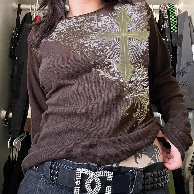 Y2K Grunge Cyber Mall Goth Thermal T-shirt, Skulls Graphic Print Long Sleeve Pullovers, Tops, Women 90s Vintage Aesthetic Tees
