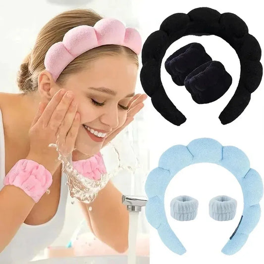 3PC Soft Sponge Headbands for Facial Cleansing - Makeup Proof & Shower Safe with Adjustable Wrist Straps