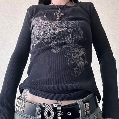 Y2K Grunge Cyber Mall Goth Thermal T-shirt, Skulls Graphic Print Long Sleeve Pullovers, Tops, Women 90s Vintage Aesthetic Tees