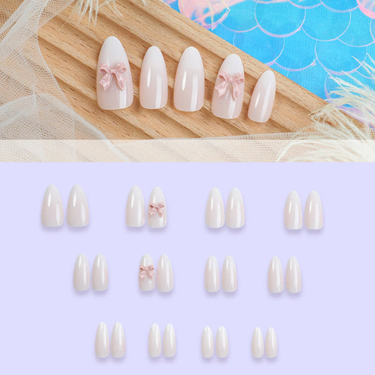 Gentle Women Almond Fake Nails 24Pcs Nude Color Press On Nails 3D Pink Bowknot Decor Full Cover Acrylic False Nails Patches