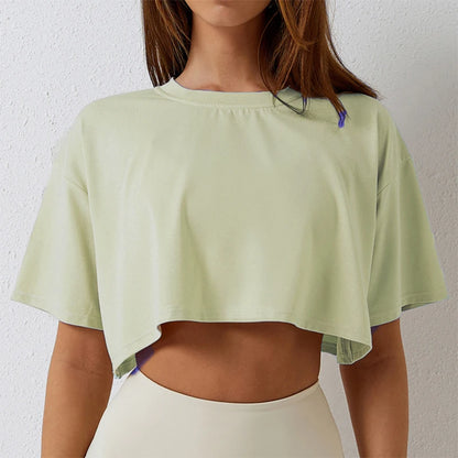 Cotton Women Short Sleeve, Yoga Fitness Crop Top, Sport T-shirt, Loose Gym Workout Shirts