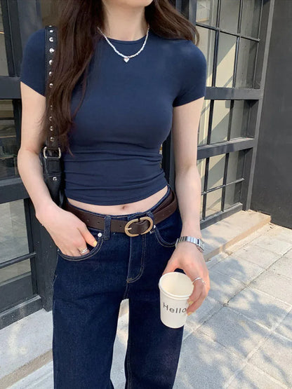 Basic Solid Crop Top, Short Sleeve Crewneck Skinny T-shirt, Summer Casual Tee for Women, y2k Vintage Top, Harajuku Streetwear