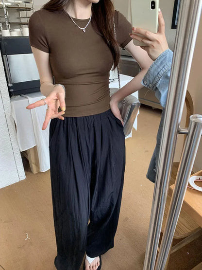 Basic Solid Crop Top, Short Sleeve Crewneck Skinny T-shirt, Summer Casual Tee for Women, y2k Vintage Top, Harajuku Streetwear