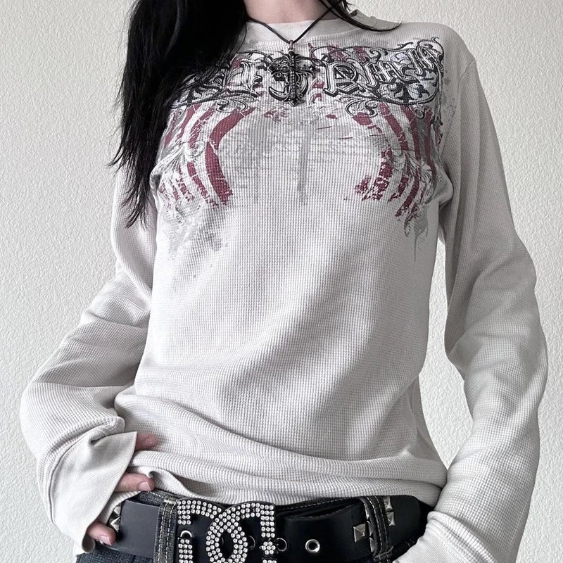 Y2K Grunge Cyber Mall Goth Thermal T-shirt, Skulls Graphic Print Long Sleeve Pullovers, Tops, Women 90s Vintage Aesthetic Tees