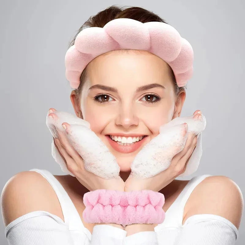 3PC Soft Sponge Headbands for Facial Cleansing - Makeup Proof & Shower Safe with Adjustable Wrist Straps
