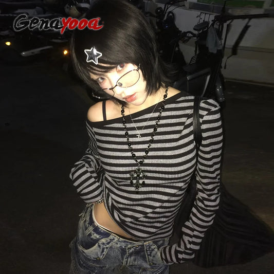 Genayooa Japanese Y2k T-shirt, Women Long Sleeve Off Shoulder Striped Crop Tops, Y2k Grunge, 2000s Aesthetic, Streetwear T Shirts