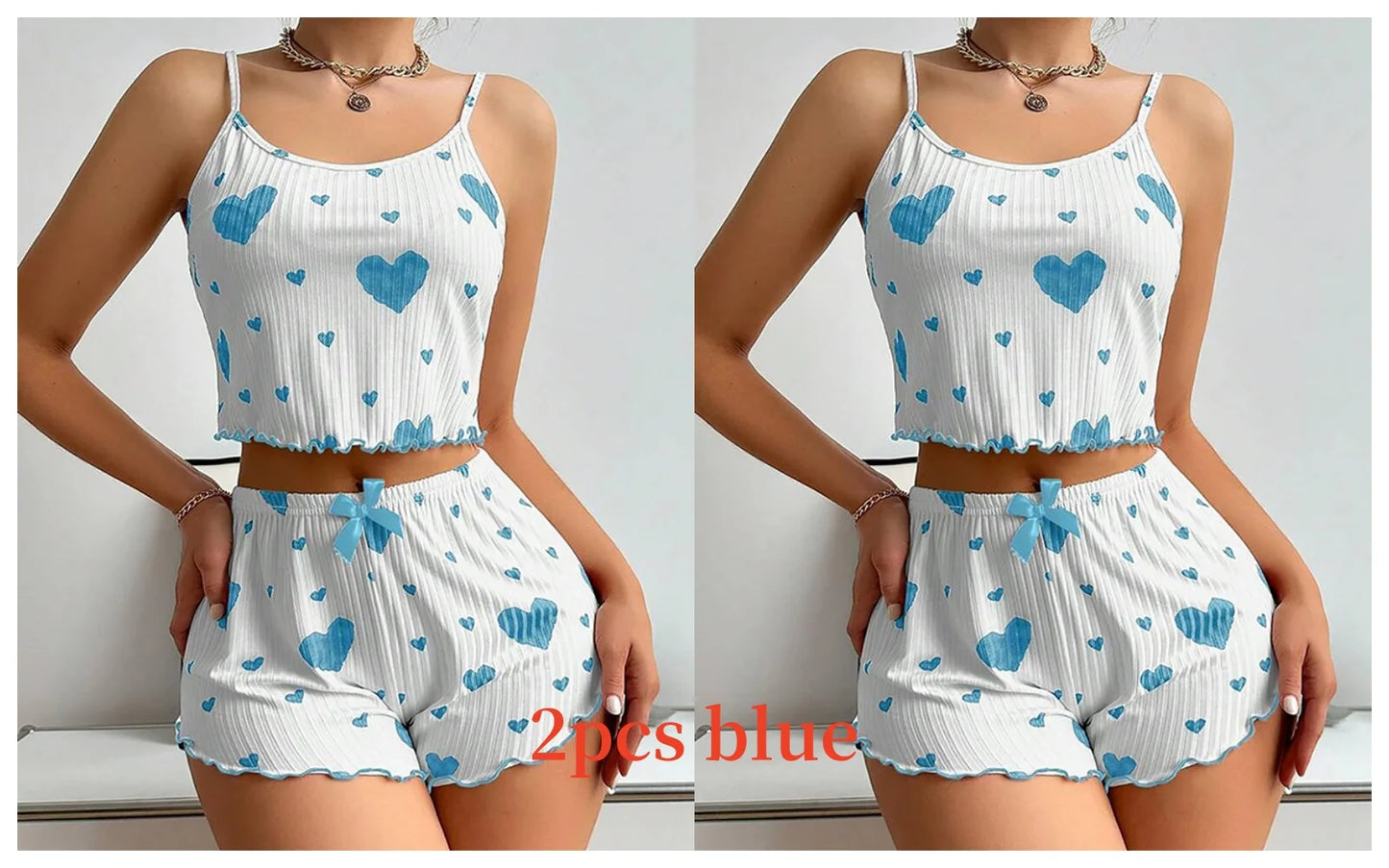 Women's Pajamas Set, Sleepwear, 2 PCS Short Tank Tops And Shorts, S M L White Ventilate Soft Casual Love Printing