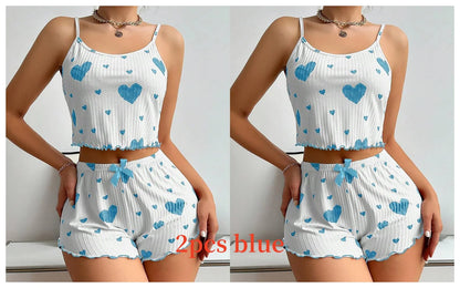 Women's Pajamas Set, Sleepwear, 2 PCS Short Tank Tops And Shorts, S M L White Ventilate Soft Casual Love Printing