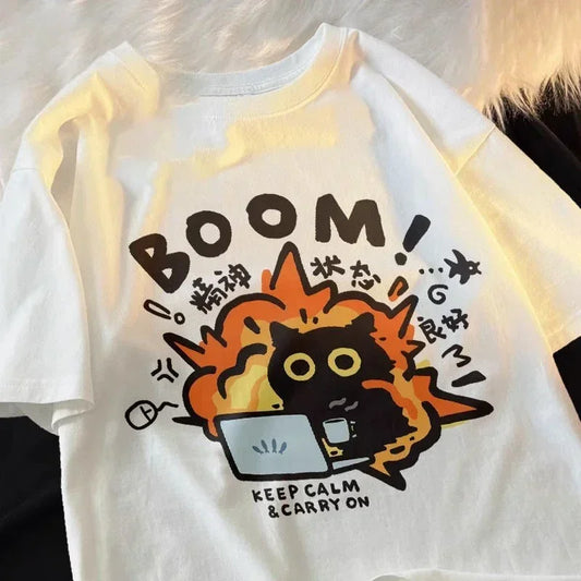 Kawaii Good Mental State Pure Short Sleeved T-shirt for Men & Women, Tee, Loose Casual Cartoon Oversized Top