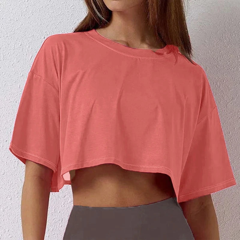 Cotton Women Short Sleeve, Yoga Fitness Crop Top, Sport T-shirt, Loose Gym Workout Shirts