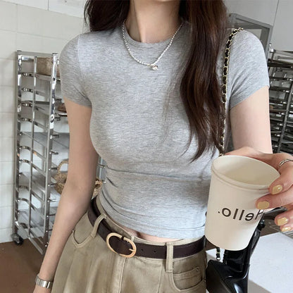 Basic Solid Crop Top, Short Sleeve Crewneck Skinny T-shirt, Summer Casual Tee for Women, y2k Vintage Top, Harajuku Streetwear