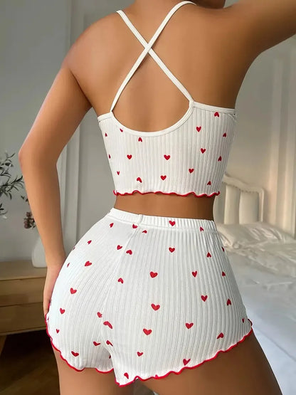 Women Sleepwear, Pajamas Set, Heart Print Soft Ribbed Fabric with Flirty Frill Trim, Casual Cami Top and Shorts Sets, Loungewear