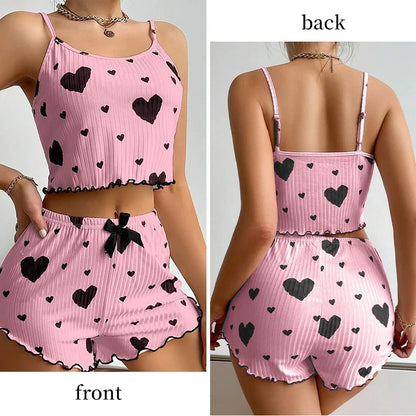 Women's Pajamas Set, Sleepwear, 2 PCS Short Tank Tops And Shorts, S M L White Ventilate Soft Casual Love Printing