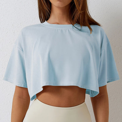 Cotton Women Short Sleeve, Yoga Fitness Crop Top, Sport T-shirt, Loose Gym Workout Shirts