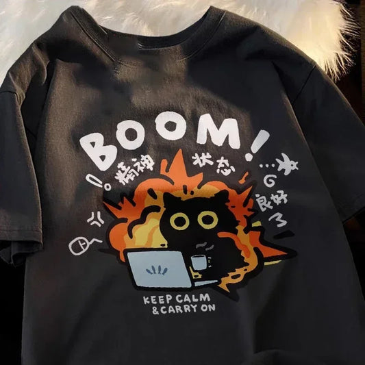 Kawaii Good Mental State Pure Short Sleeved T-shirt for Men & Women, Tee, Loose Casual Cartoon Oversized Top