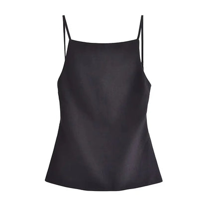 Black/White Backless Top, Sleeveless Crop Top With Straps, Women's Evening Top