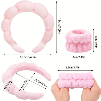 3PC Soft Sponge Headbands for Facial Cleansing - Makeup Proof & Shower Safe with Adjustable Wrist Straps