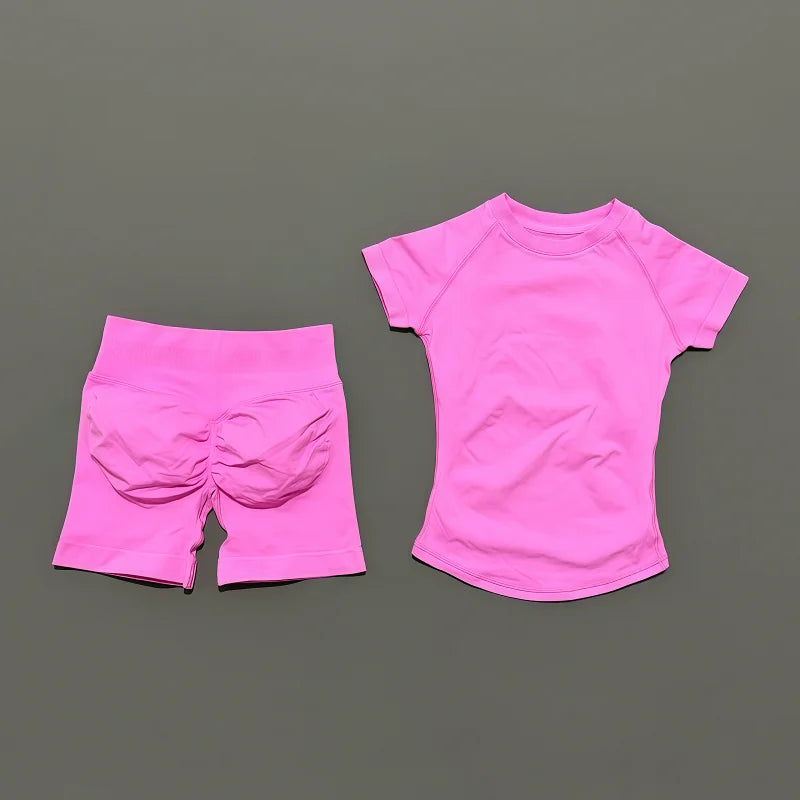 2 Pieces Impact Sports Sets, Short Sleeve Seamless Yoga Top, Fitness Set, Women Workout Running Sports Shorts Gym Suit