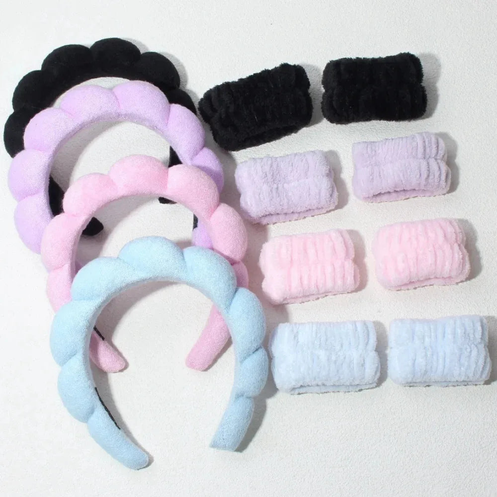 3PC Soft Sponge Headbands for Facial Cleansing - Makeup Proof & Shower Safe with Adjustable Wrist Straps