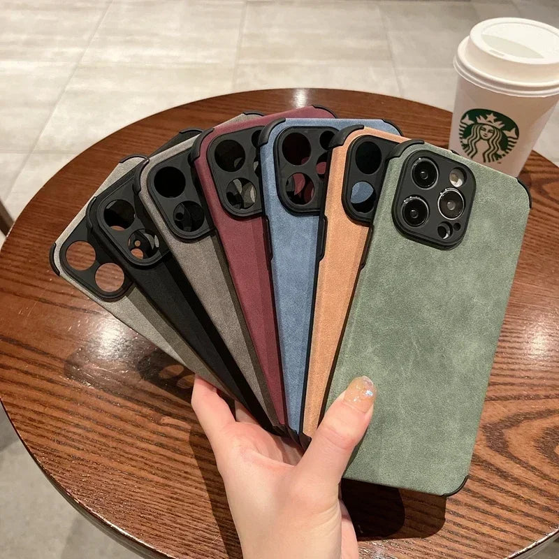New Luxury Matte Silicone Leather Phone Case For iPhone 16 15 14 13 12 11 Pro Max Plus Soft Fabric Vintage Shockproof Full Cover