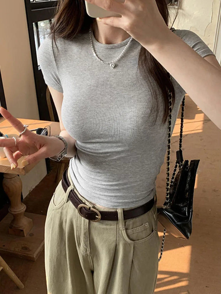 Basic Solid Crop Top, Short Sleeve Crewneck Skinny T-shirt, Summer Casual Tee for Women, y2k Vintage Top, Harajuku Streetwear