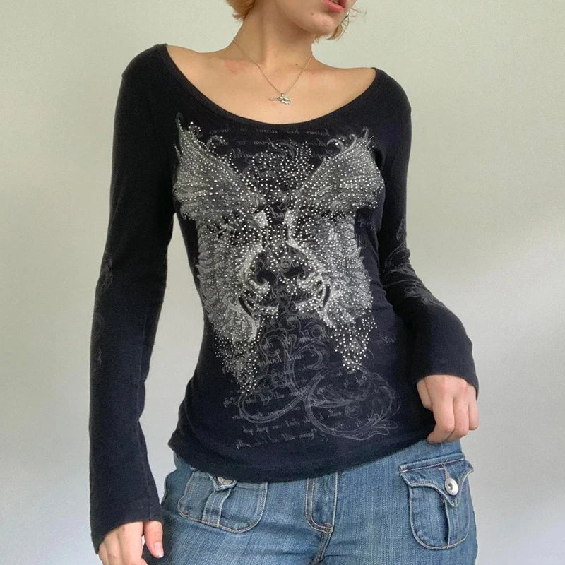 Y2K Grunge Cyber Mall Goth Thermal T-shirt, Skulls Graphic Print Long Sleeve Pullovers, Tops, Women 90s Vintage Aesthetic Tees