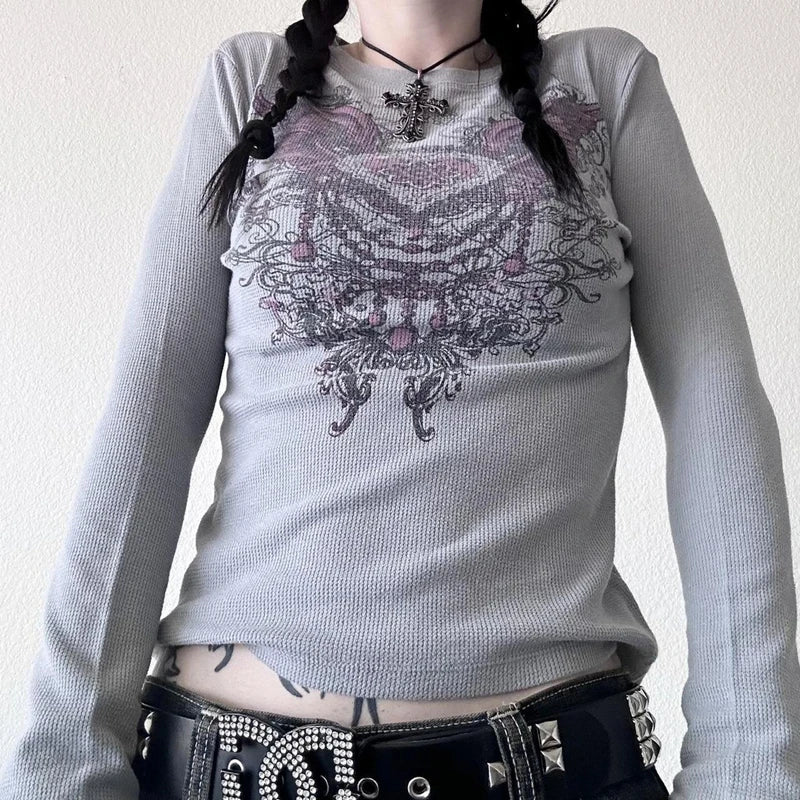 Y2K Grunge Cyber Mall Goth Thermal T-shirt, Skulls Graphic Print Long Sleeve Pullovers, Tops, Women 90s Vintage Aesthetic Tees