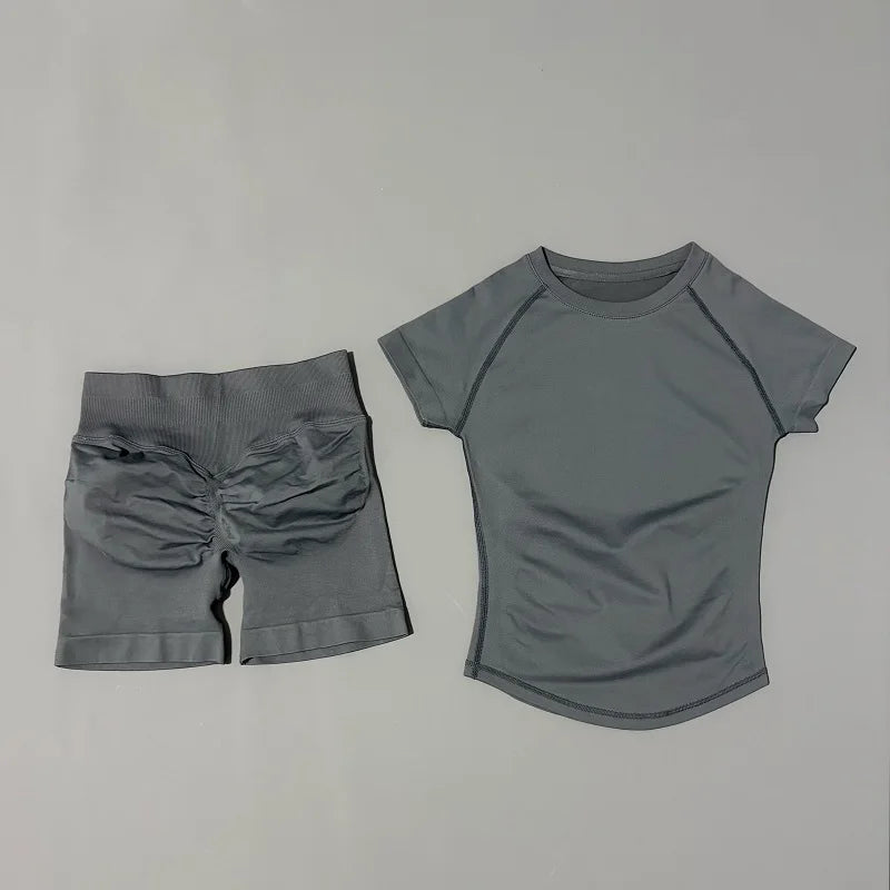 2 Pieces Impact Sports Sets, Short Sleeve Seamless Yoga Top, Fitness Set, Women Workout Running Sports Shorts Gym Suit