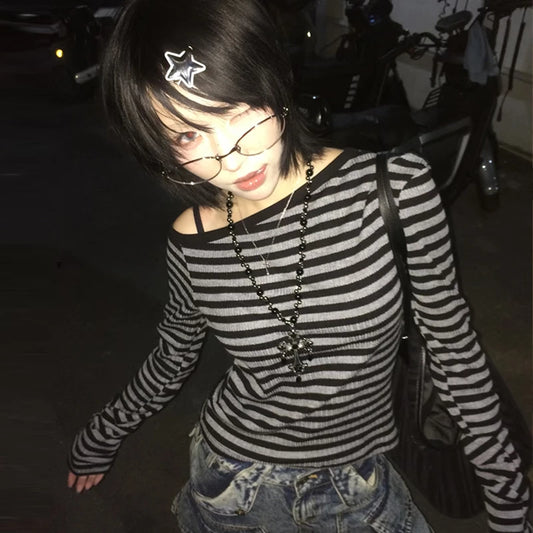Genayooa Japanese Y2k T-shirt, Women Long Sleeve Off Shoulder Striped Crop Tops, Y2k Grunge, 2000s Aesthetic, Streetwear T Shirts