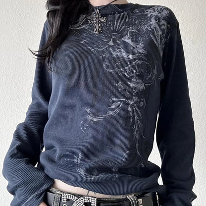 Y2K Grunge Cyber Mall Goth Thermal T-shirt, Skulls Graphic Print Long Sleeve Pullovers, Tops, Women 90s Vintage Aesthetic Tees