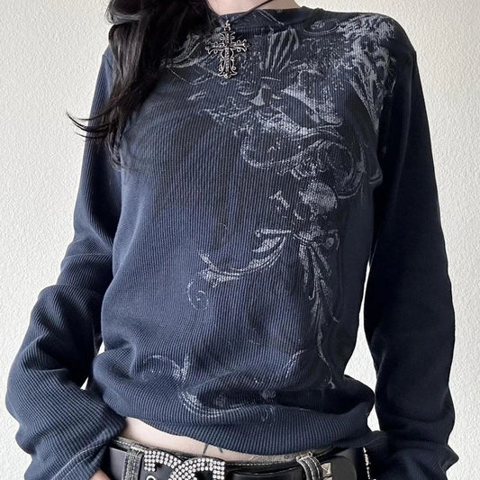 Y2K Grunge Cyber Mall Goth Thermal T-shirt, Skulls Graphic Print Long Sleeve Pullovers, Tops, Women 90s Vintage Aesthetic Tees