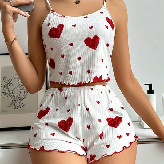 Women's Pajamas Set, Sleepwear, 2 PCS Short Tank Tops And Shorts, S M L White Ventilate Soft Casual Love Printing