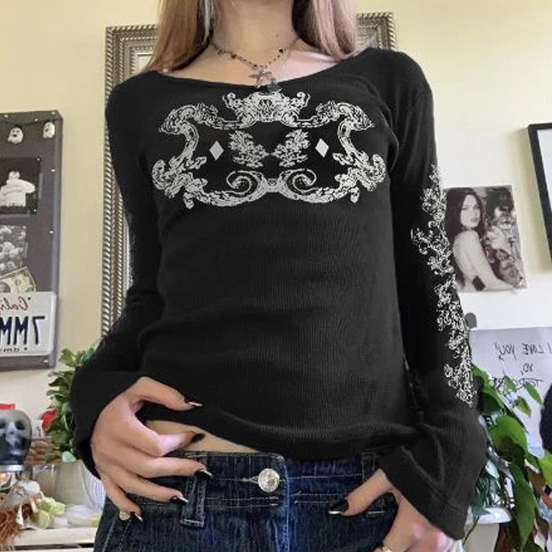 Y2K Grunge Cyber Mall Goth Thermal T-shirt, Skulls Graphic Print Long Sleeve Pullovers, Tops, Women 90s Vintage Aesthetic Tees