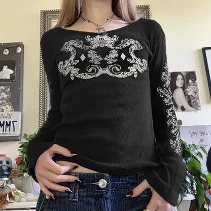 Y2K Grunge Cyber Mall Goth Thermal T-shirt, Skulls Graphic Print Long Sleeve Pullovers, Tops, Women 90s Vintage Aesthetic Tees