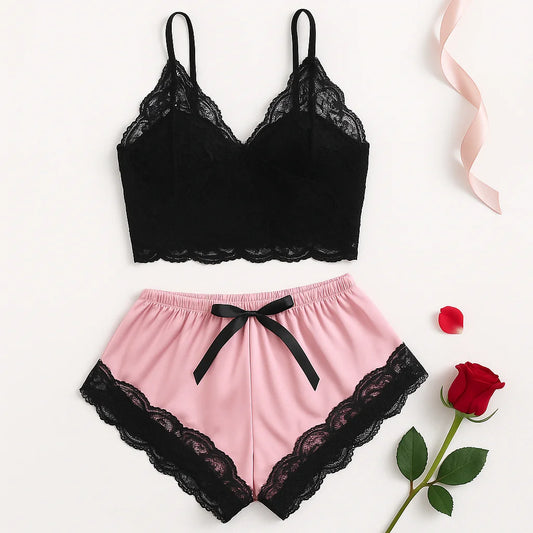 Women's 2 Piece Lace Pajama Set, Bralette Cami Top and Shorts, Breathable Sleepwear, Plus Size Summer Lingerie