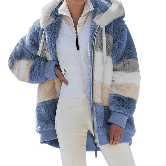 Oversized Jacket for Women, Warm Plush Pocket Hooded Streetwear, Loose Lady Zipper Cashmere Outerwear Coat