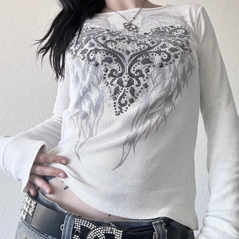 Y2K Grunge Cyber Mall Goth Thermal T-shirt, Skulls Graphic Print Long Sleeve Pullovers, Tops, Women 90s Vintage Aesthetic Tees