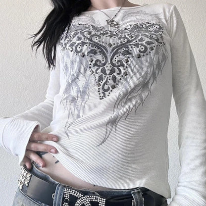Y2K Grunge Cyber Mall Goth Thermal T-shirt, Skulls Graphic Print Long Sleeve Pullovers, Tops, Women 90s Vintage Aesthetic Tees