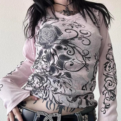 Y2K Grunge Cyber Mall Goth Thermal T-shirt, Skulls Graphic Print Long Sleeve Pullovers, Tops, Women 90s Vintage Aesthetic Tees