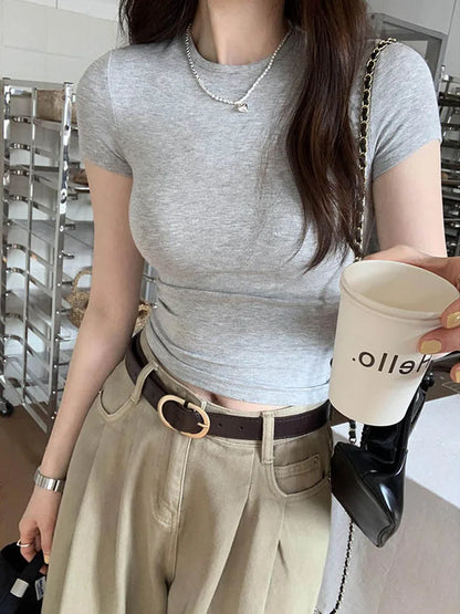Basic Solid Crop Top, Short Sleeve Crewneck Skinny T-shirt, Summer Casual Tee for Women, y2k Vintage Top, Harajuku Streetwear