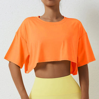 Cotton Women Short Sleeve, Yoga Fitness Crop Top, Sport T-shirt, Loose Gym Workout Shirts