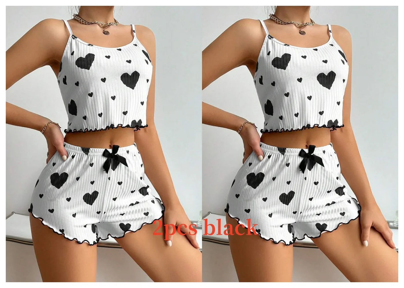 Women's Pajamas Set, Sleepwear, 2 PCS Short Tank Tops And Shorts, S M L White Ventilate Soft Casual Love Printing